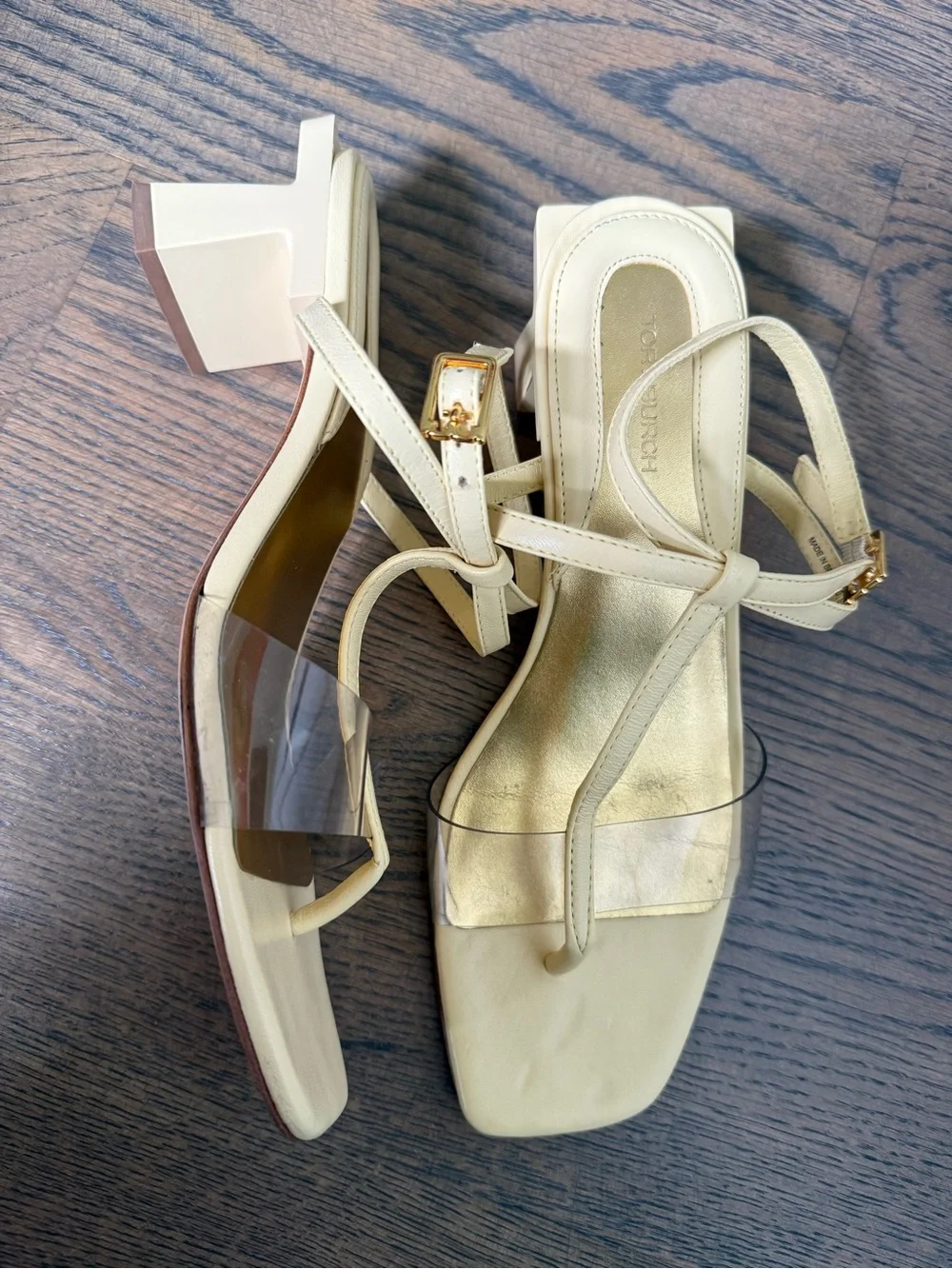 Tory Burch Block T strappy sandals in butter yellow with PVC straps, 9.5. EUC.